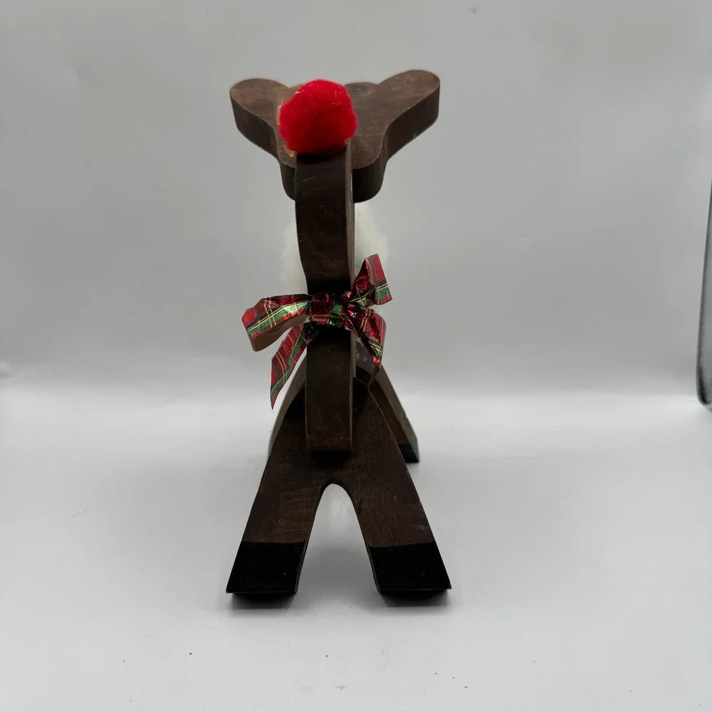 Wooden Standing Reindeer Christmas Decor Small Brown Plaid Bow Folk Art